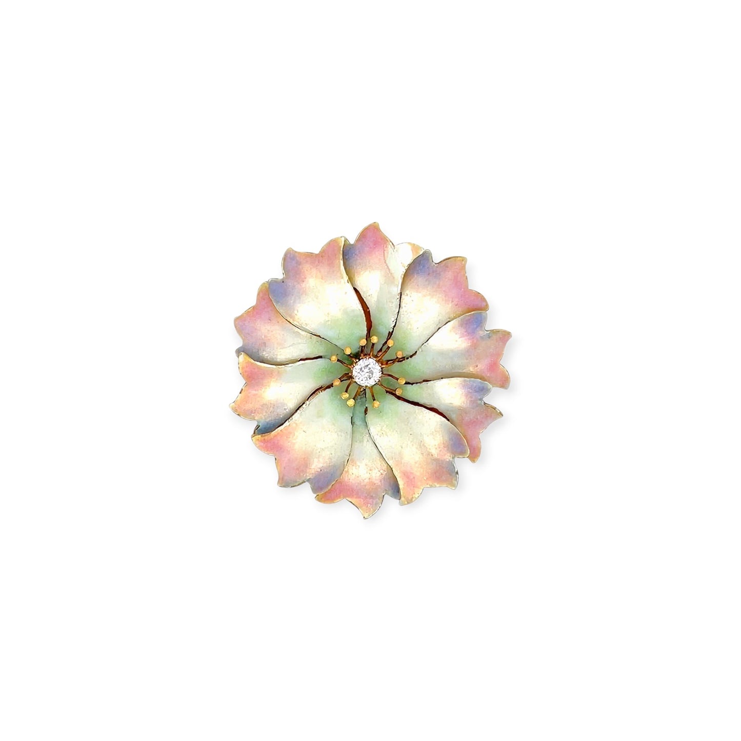 Pink Green Enamel Diamond Flower Brooch