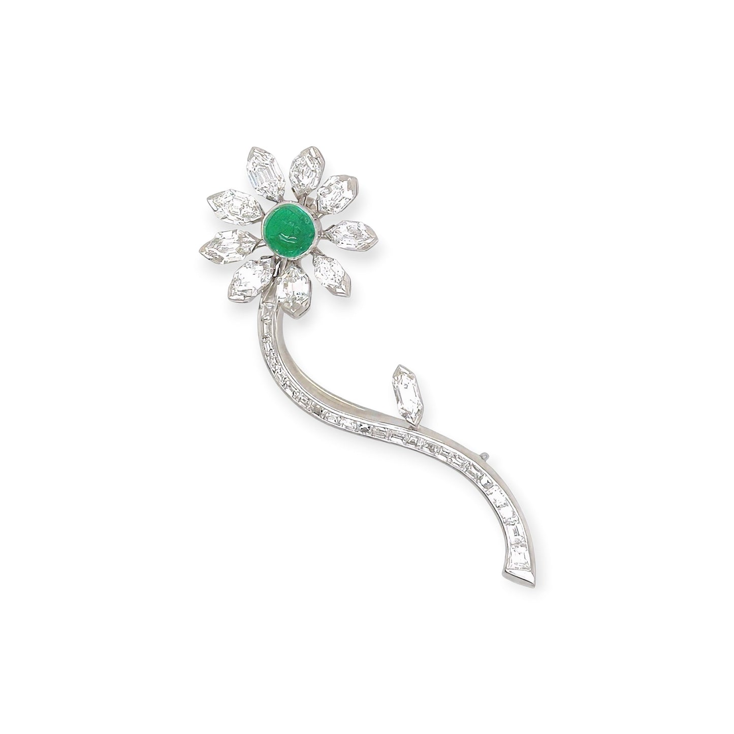 Emerald Diamond Platinum Flower Brooch
