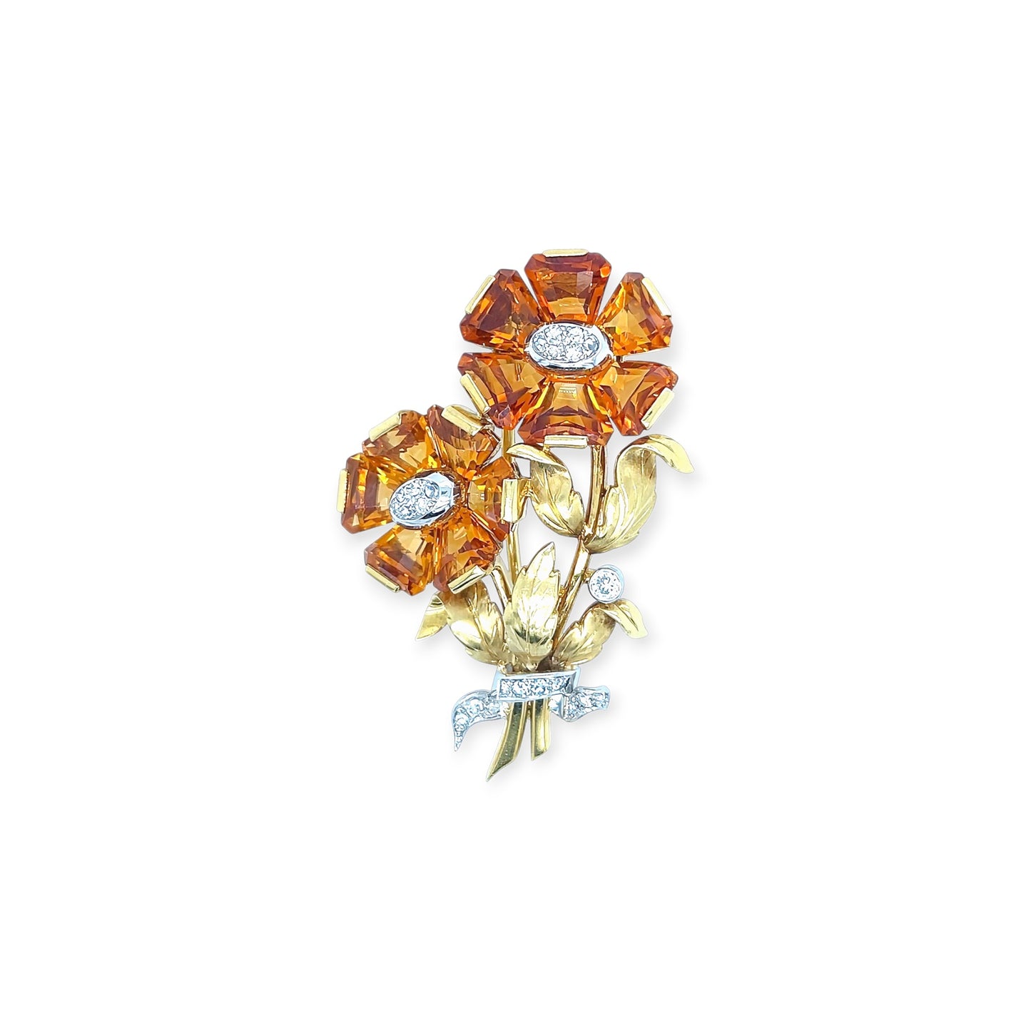 Gold Citrine Diamond Double Flower Brooch