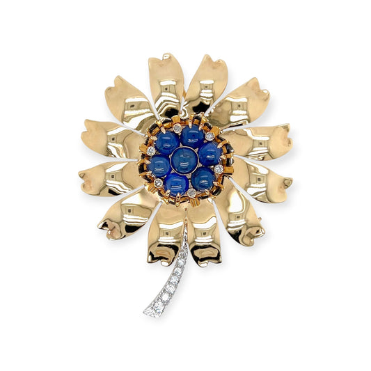 Gold Sapphire Diamond Flower Brooch