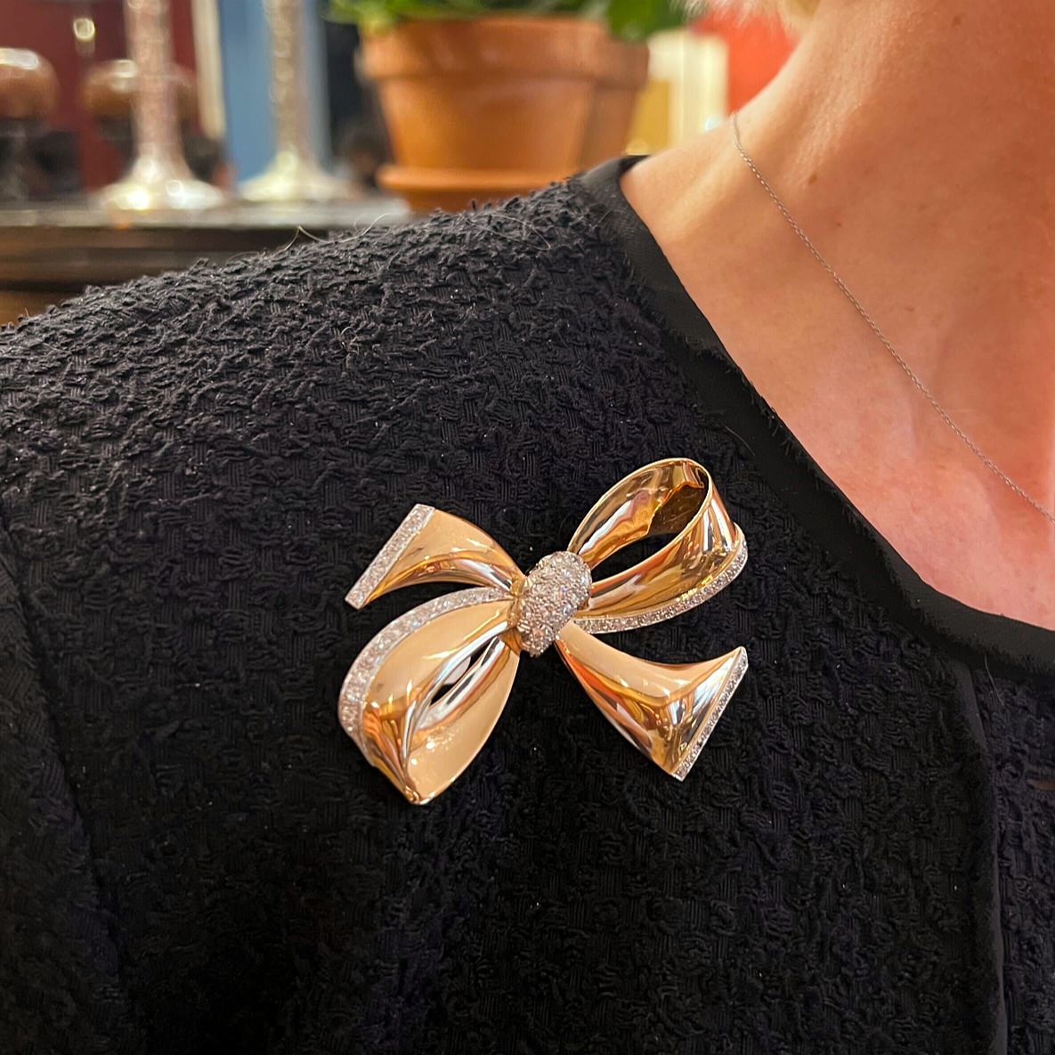 1950s Gold Platinum Diamond Bow Brooch