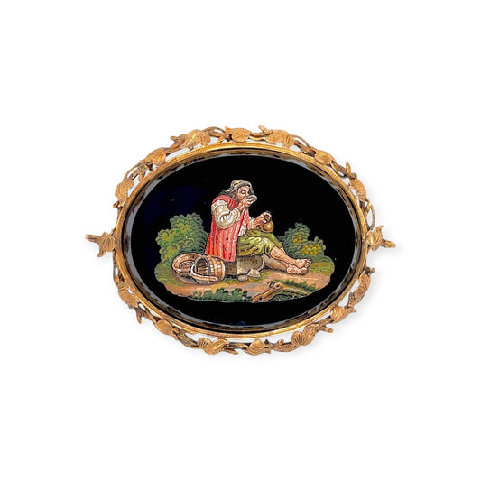 19th C Gold Oval Micromosaic Brooch