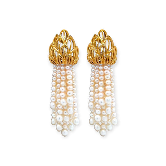 Gold Pineapple Motif Pearl Tassel Earrings