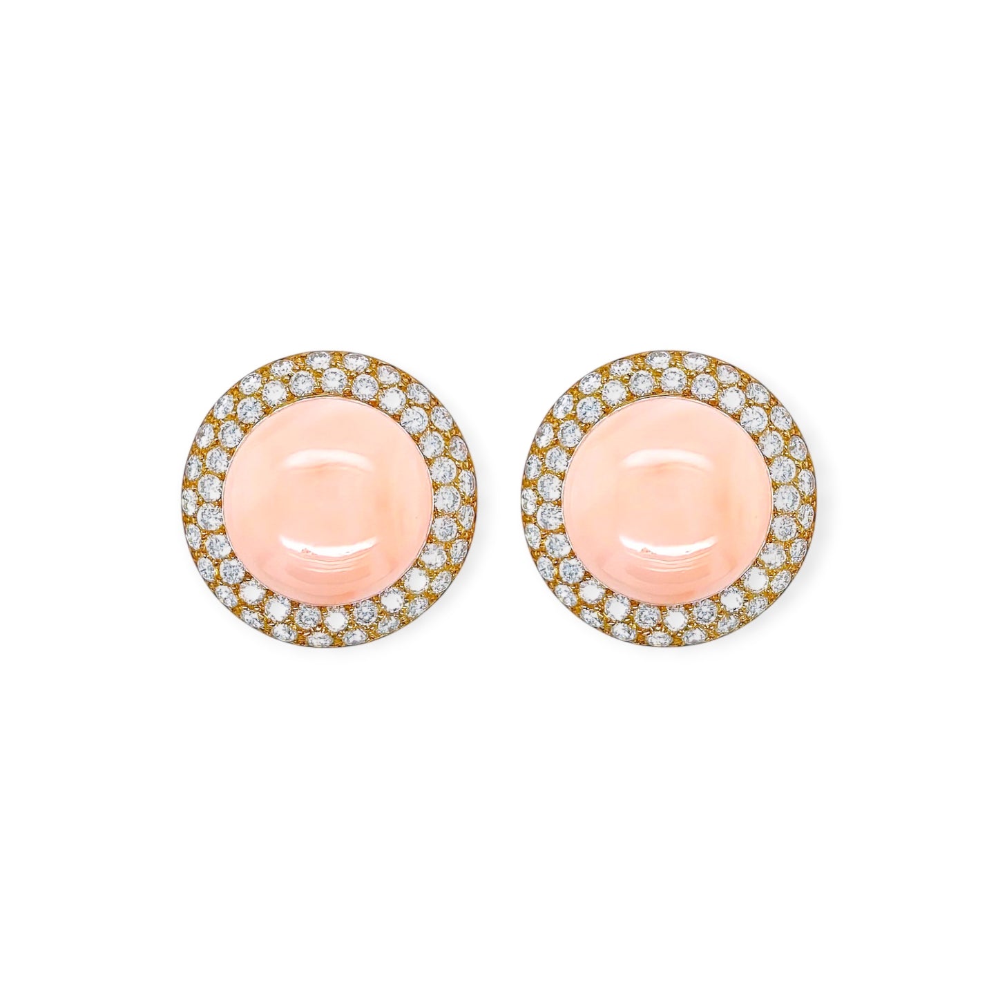 Gold Cabochon Angel Skin Coral Diamond Earrings