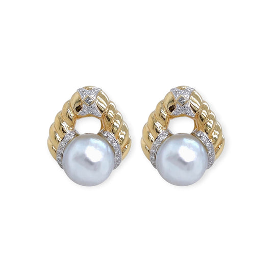 Gold Baroque Pearl Diamond Triangle Earrings