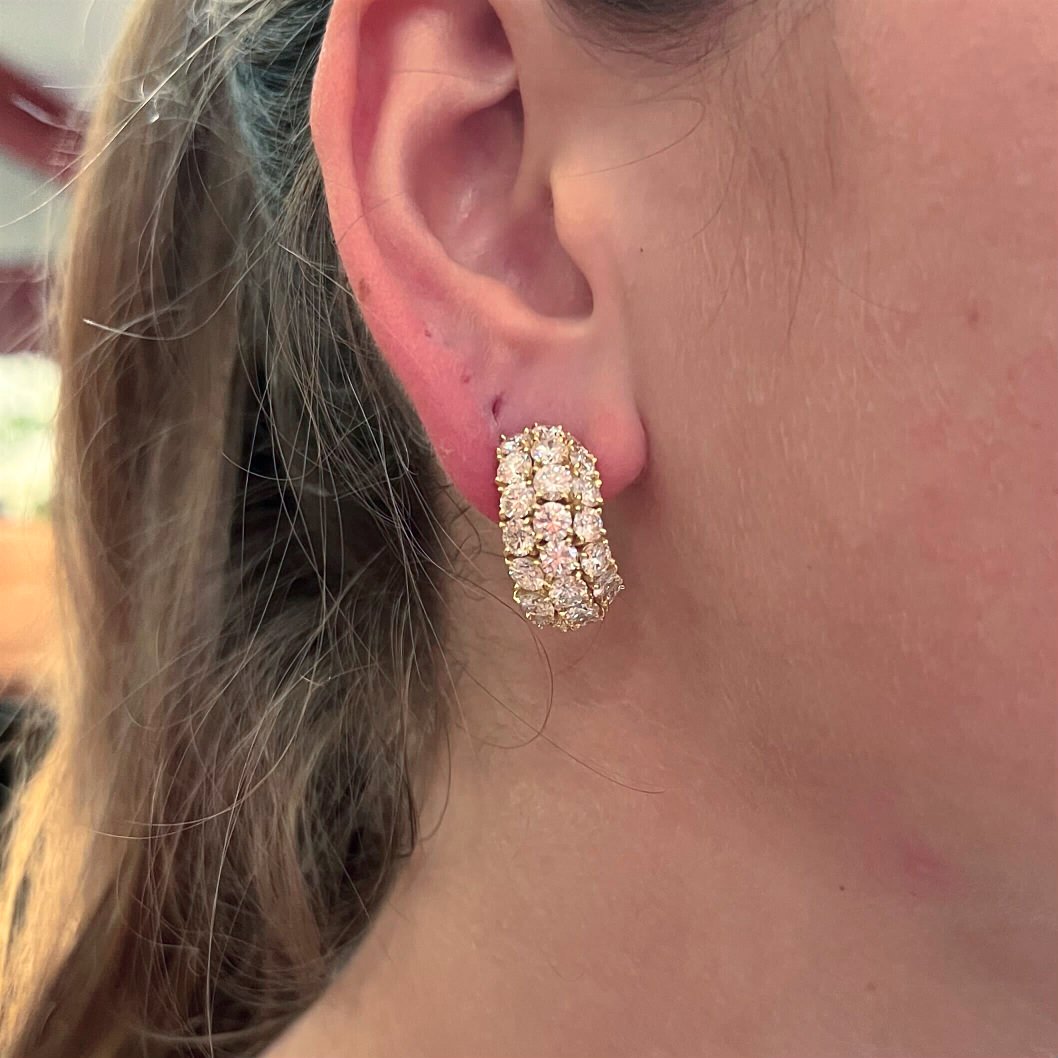 French Gold Diamond Curved Half Hoop Earrings
