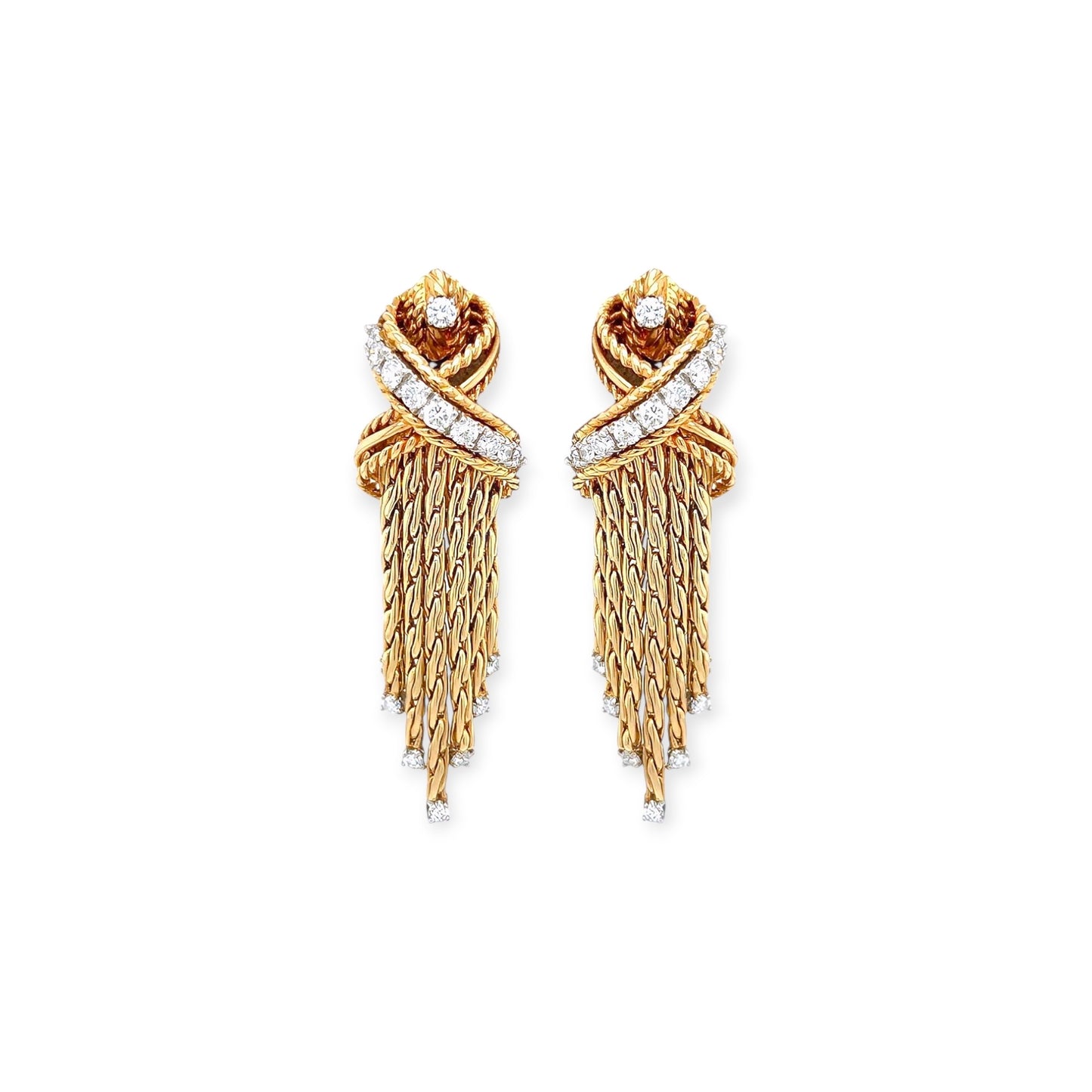Gold Diamond X Ropework Tassel Earrings
