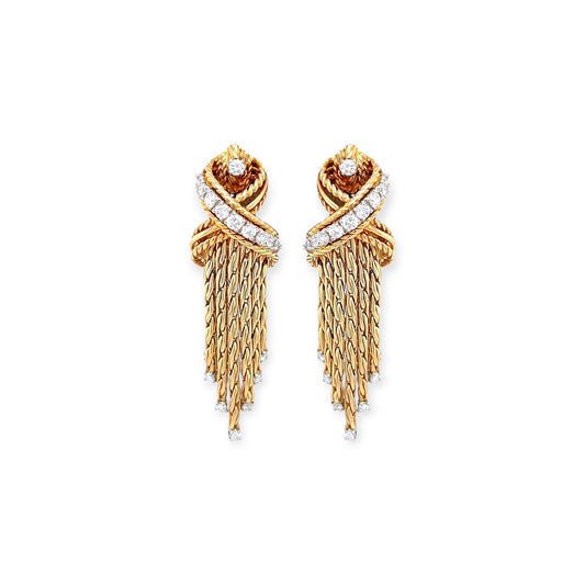 Gold Diamond X Ropework Tassel Earrings