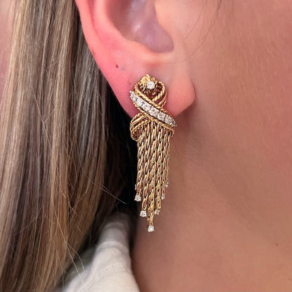 Gold Diamond X Ropework Tassel Earrings