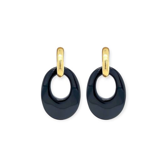 Gold Black Onyx Doorknocker Earrings