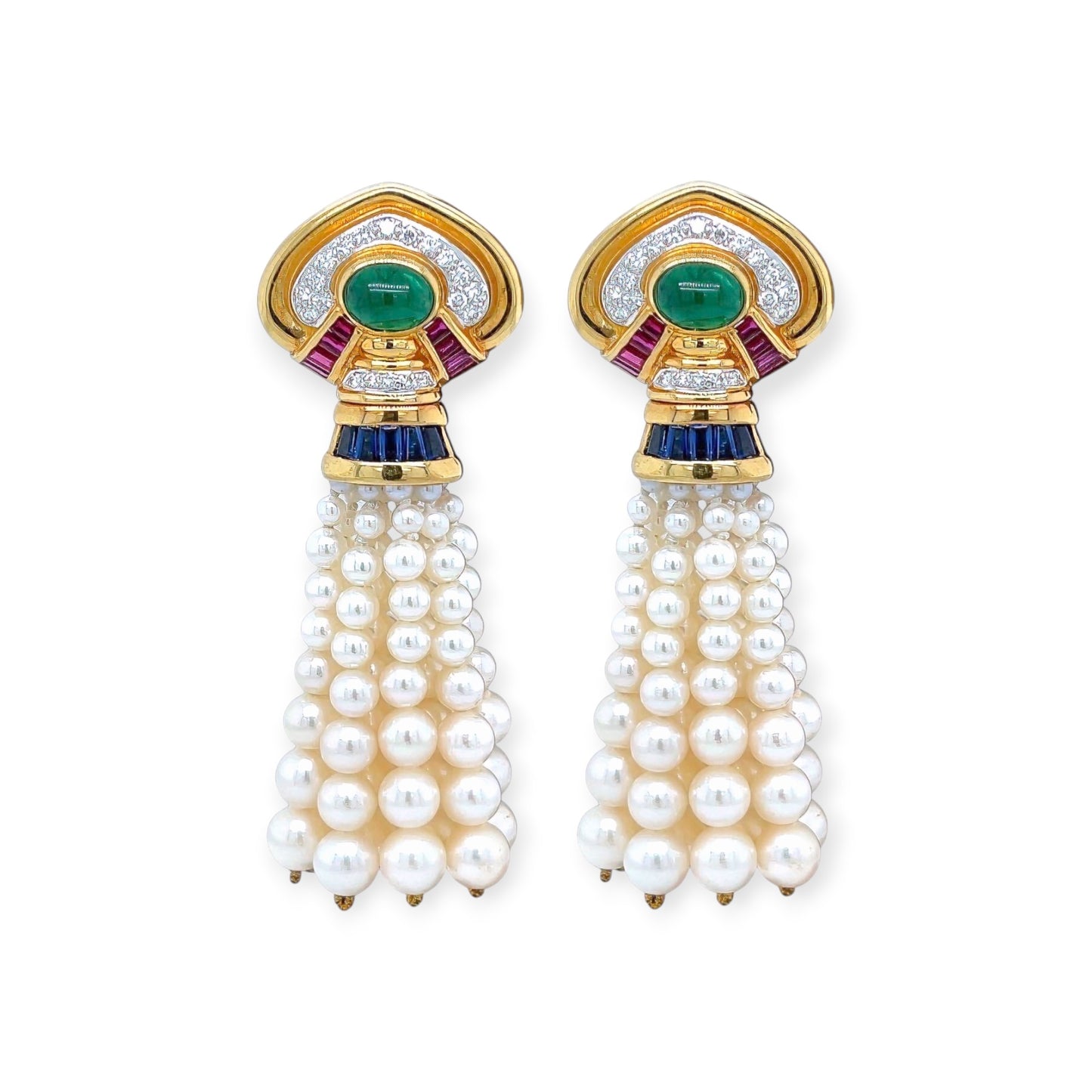 Gold Emerald Ruby Sapphire Pearl Tassel Earrings
