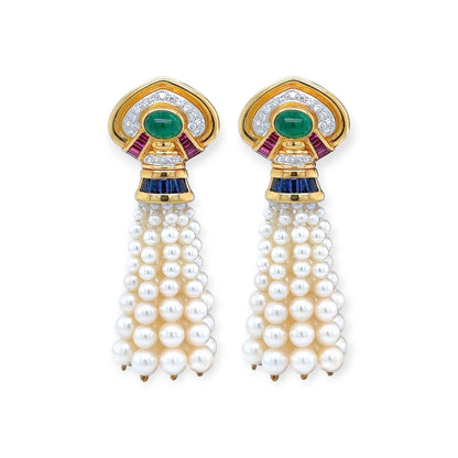 Gold Emerald Ruby Sapphire Pearl Tassel Earrings