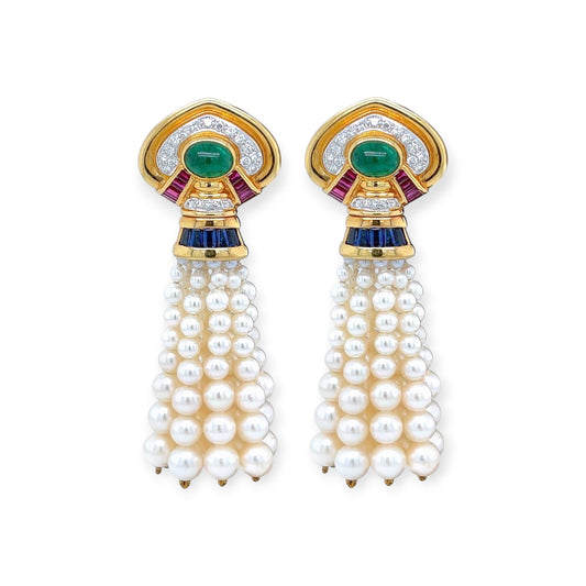 Gold Emerald Ruby Sapphire Pearl Tassel Earrings
