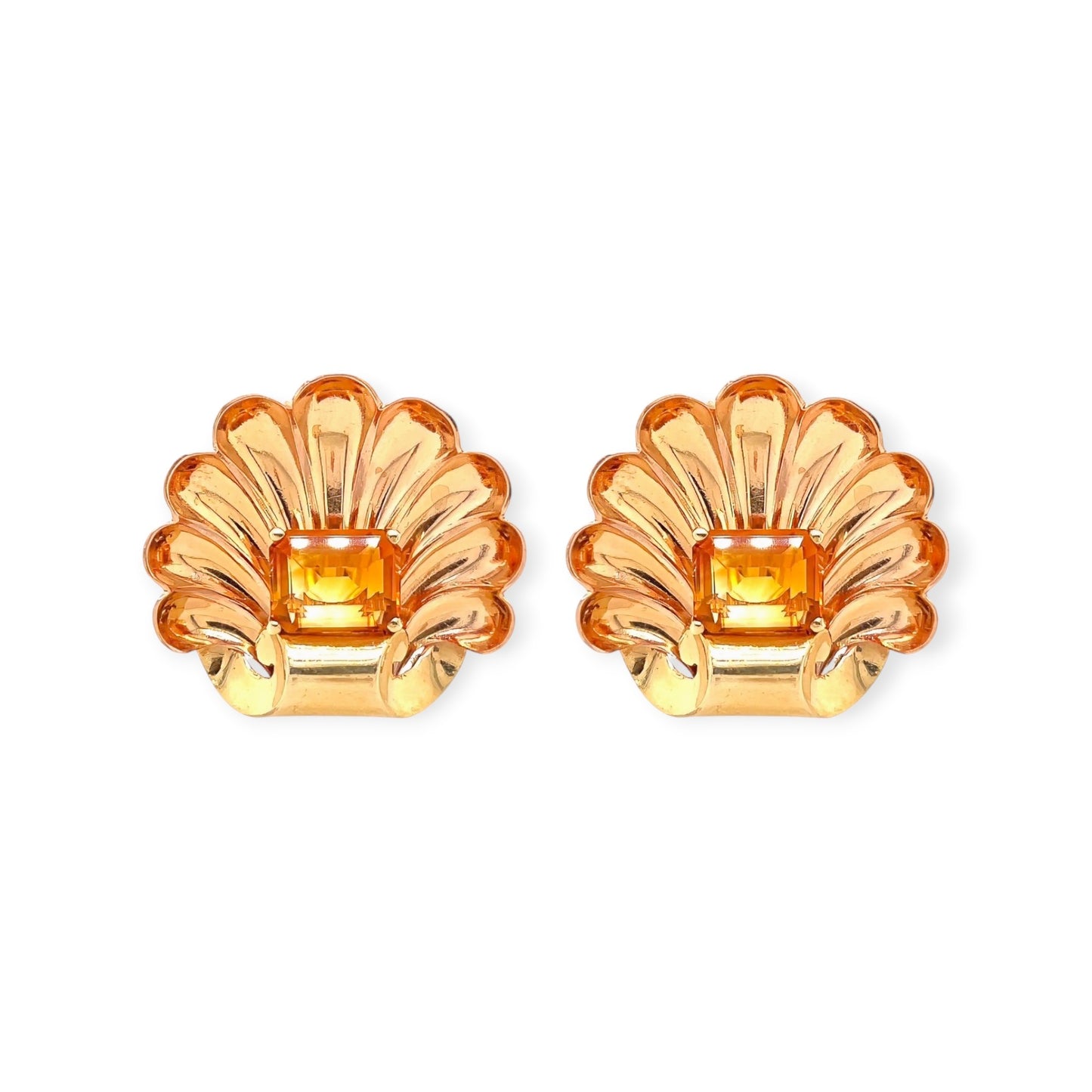 1940s Rose Yellow Gold Citrine Scallop Shell Earrings