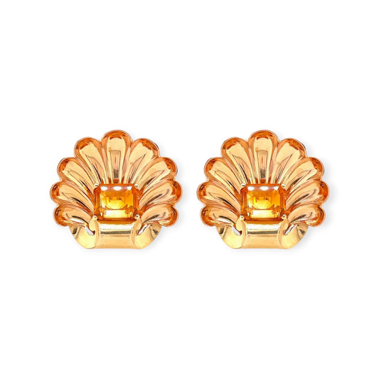 1940s Rose Yellow Gold Citrine Scallop Shell Earrings