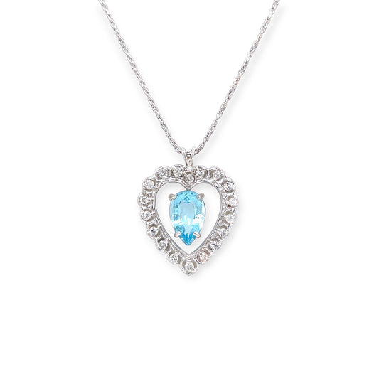 White Gold Diamond Aquamarine Open Heart Pendant Necklace
