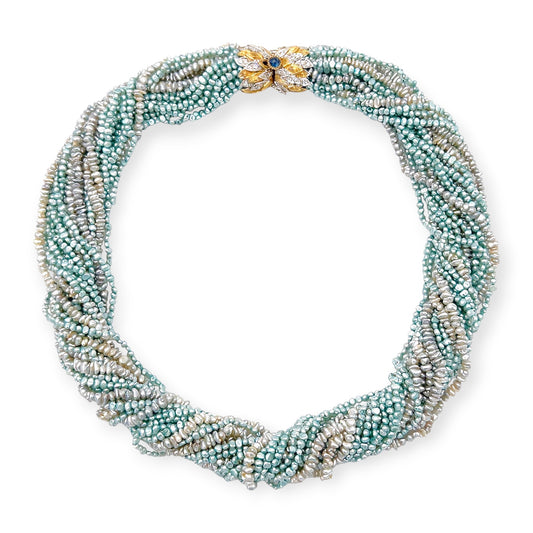 Gold Freshwater Pearl Sapphire Torsade Necklace