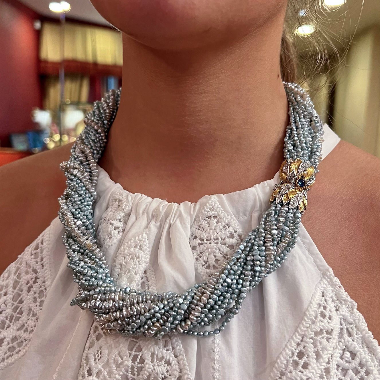 Gold Freshwater Pearl Sapphire Torsade Necklace