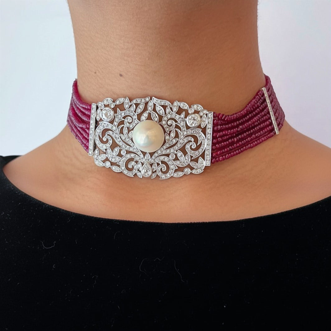 South Sea Pearl Ruby Diamond Choker Necklace