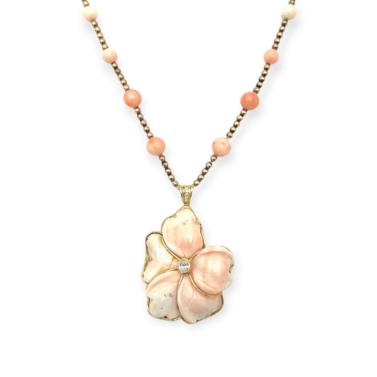 Christopher Kaufman Gold Pink Coral Flower Diamond Necklace