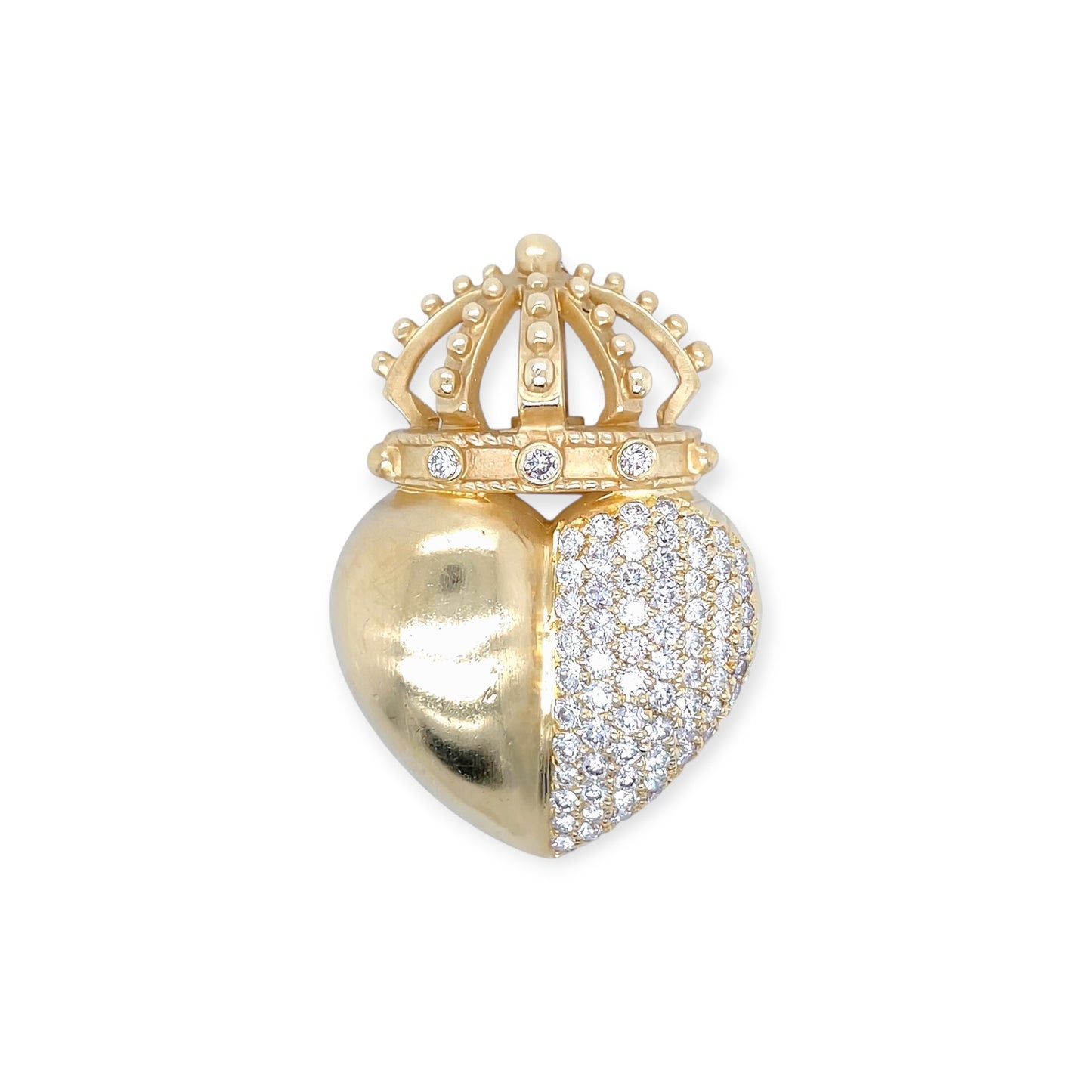 Gold Diamond Puffed Heart Pendant Brooch