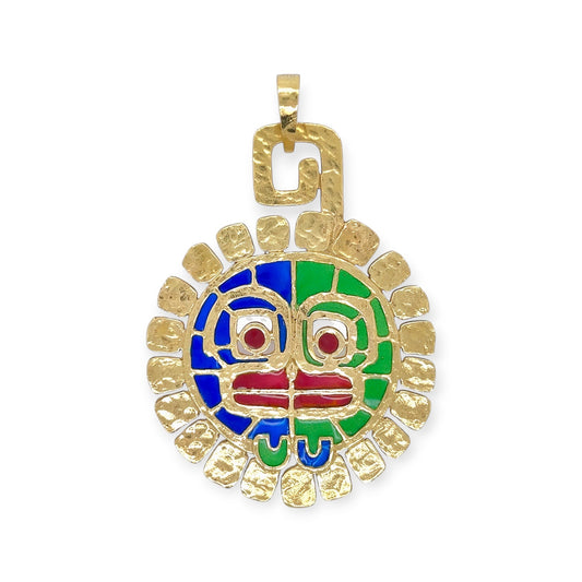 Gold Pre Columbian Sun God Enamel Pendant