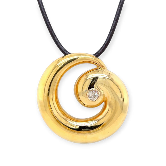 Gold Diamond Spiral Pendant Brown Leather Cord