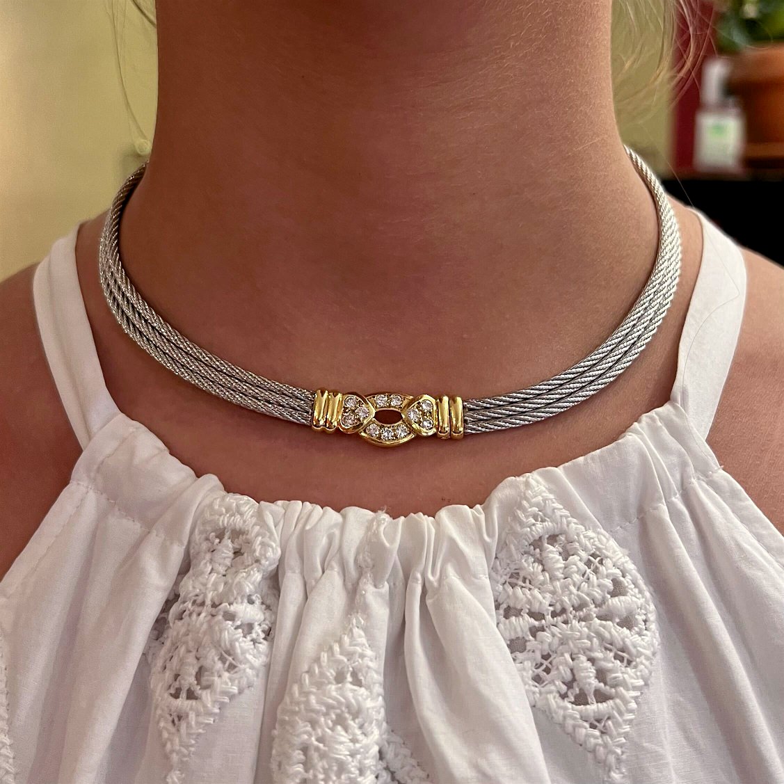 Fred Paris Force 10 Steel Gold Diamond Choker Necklace