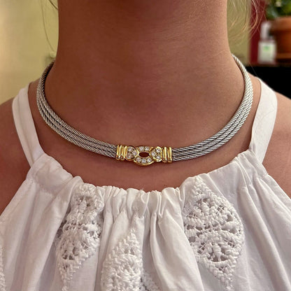 Fred Paris Force 10 Steel Gold Diamond Choker Necklace