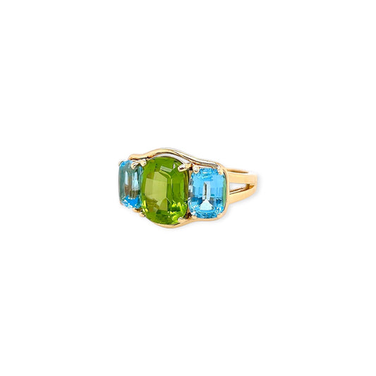 Verdura Three Stone Gold Peridot Blue Topaz Ring