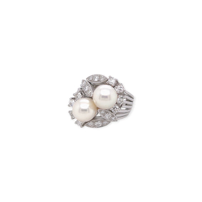 White Gold Two Pearl Diamond Bypass Ring