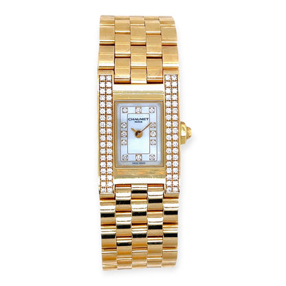 Chaumet Rectangular Gold Mother of Pearl Diamond Watch