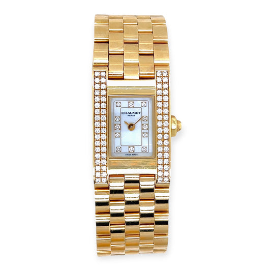 Chaumet Rectangular Gold Mother of Pearl Diamond Watch