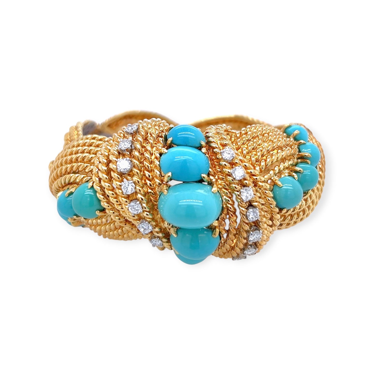 1960s Gold Turquoise Diamond Ropework Bracelet