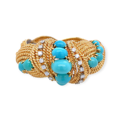 1960s Gold Turquoise Diamond Ropework Bracelet