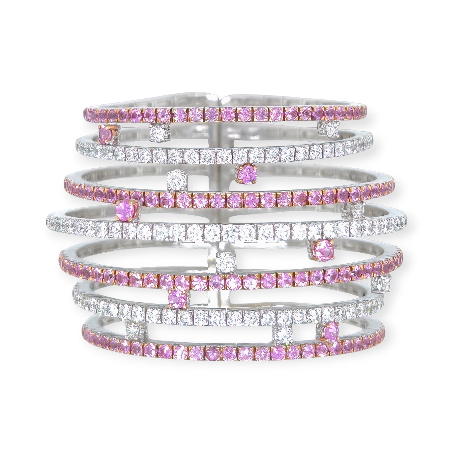 Wide Gold Pink Sapphire Diamond Flexible Bracelet