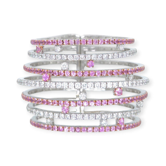 Wide Gold Pink Sapphire Diamond Flexible Bracelet