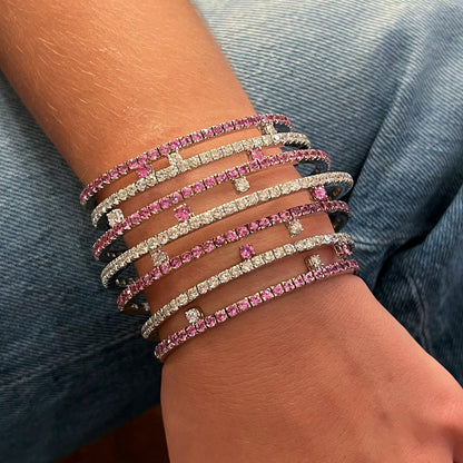 Wide Gold Pink Sapphire Diamond Flexible Bracelet