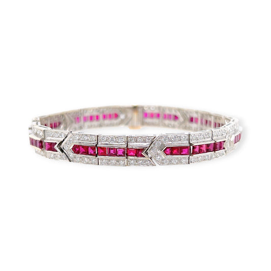 White Gold Ruby Diamond Art Deco Style Bracelet