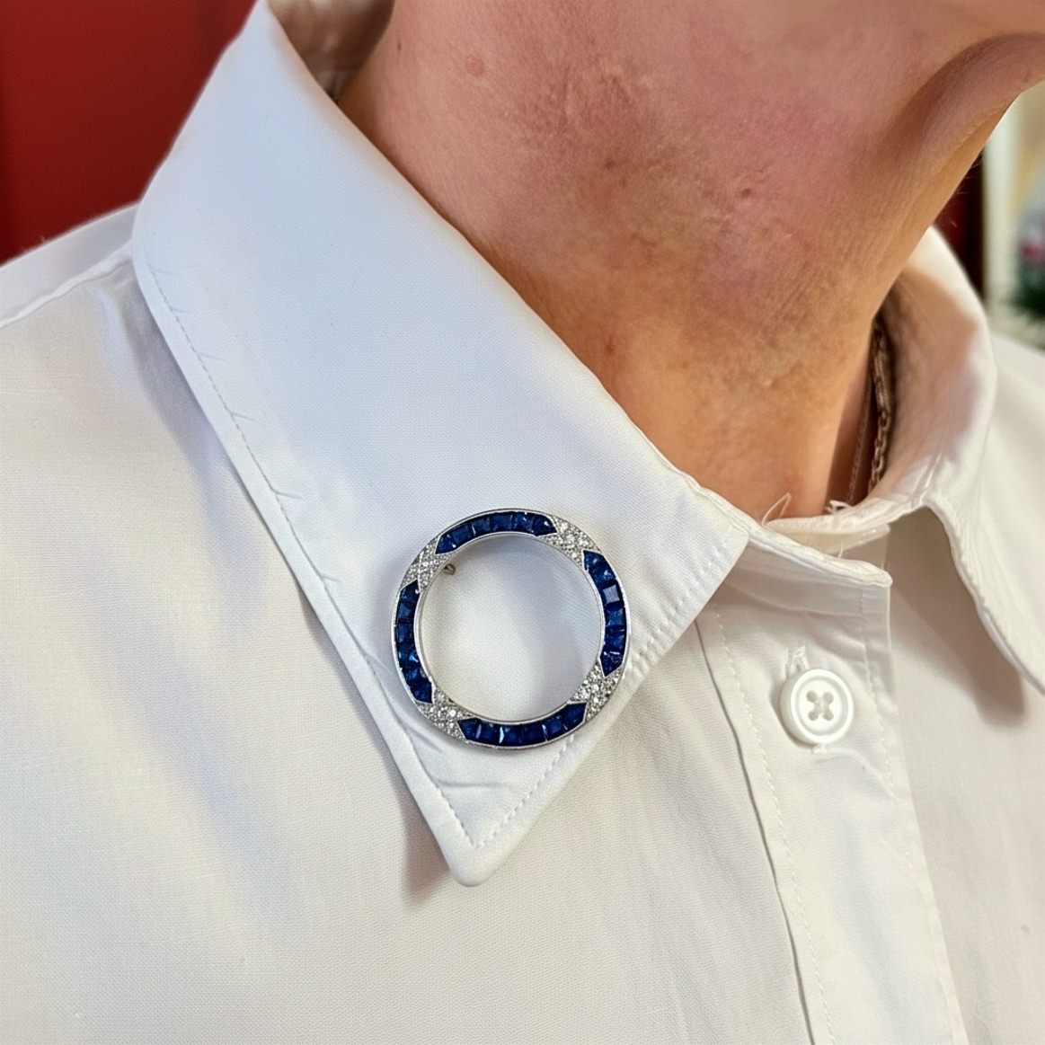 Platinum Sapphire Diamond Open Circle Brooch