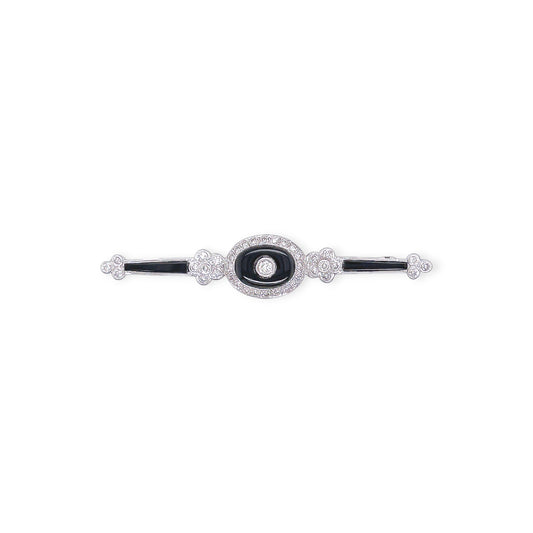 White Gold Black Onyx Diamond Bar Brooch