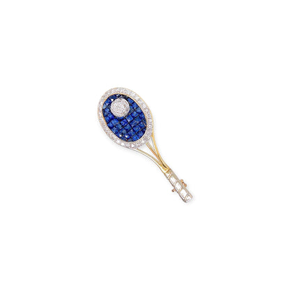 Gold Sapphire Diamond Tennis Racquet Brooch