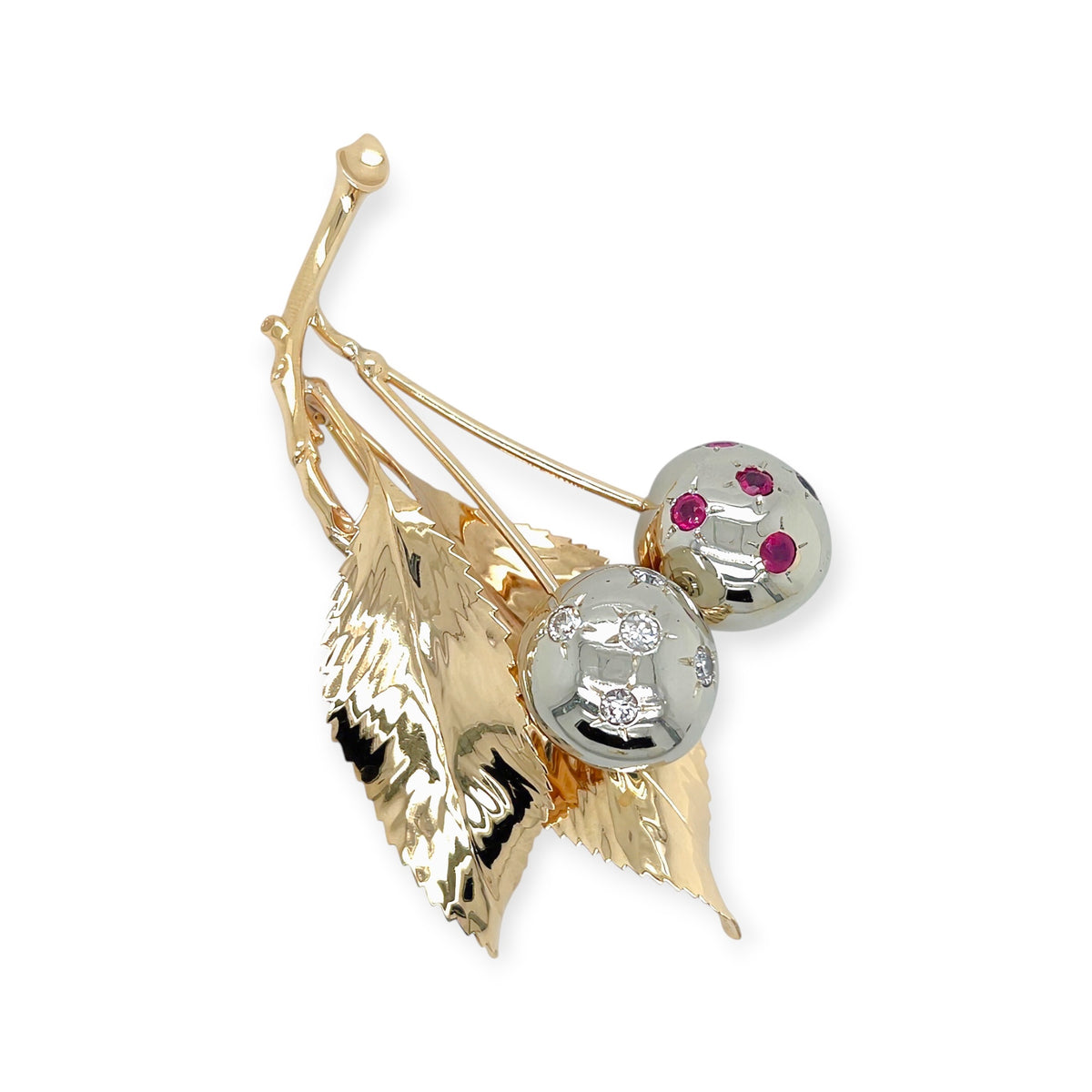 Gold Diamond Ruby Cherry Brooch