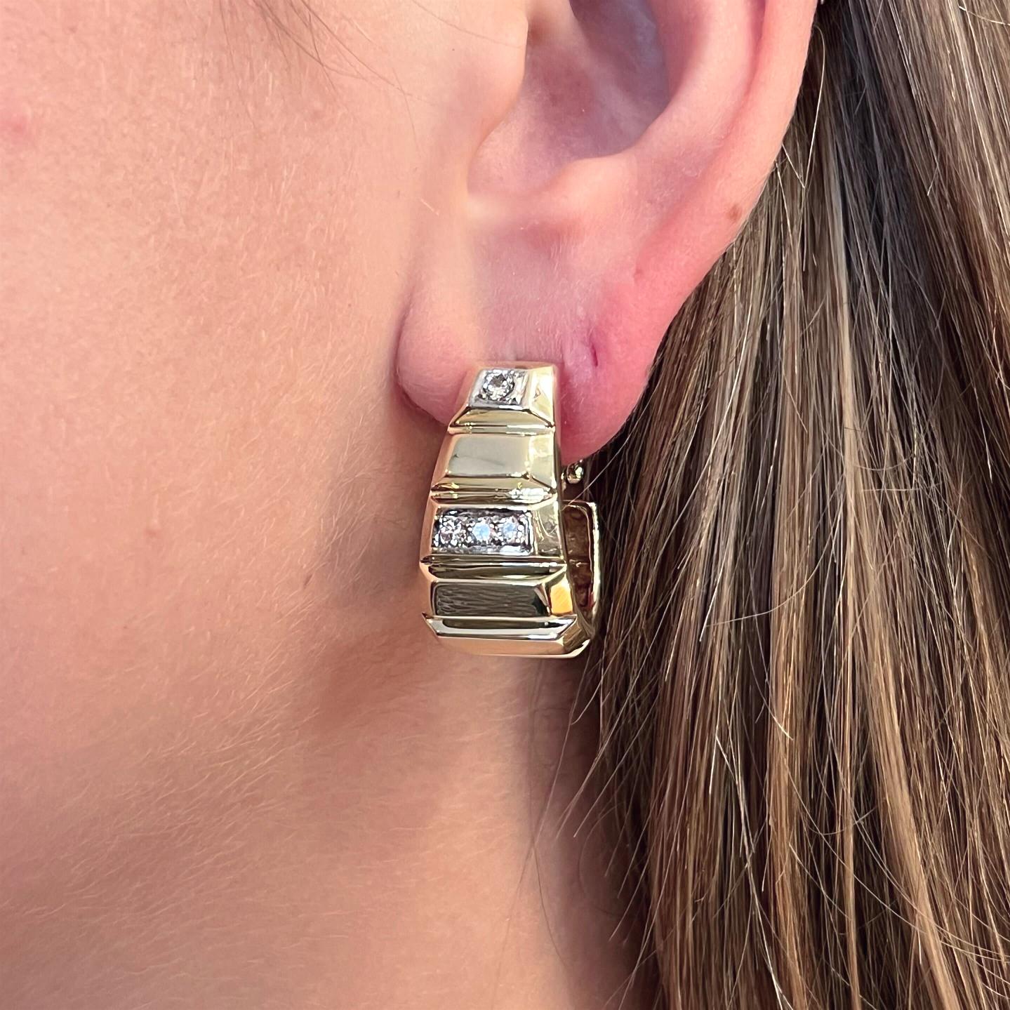 Gold Diamond Beveled Half Hoop Earrings