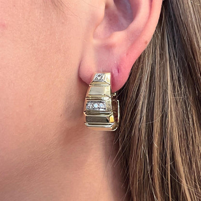 Gold Diamond Beveled Half Hoop Earrings