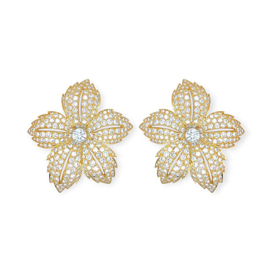 Large Gold Diamond Flower Earrings