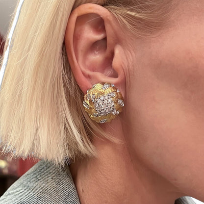 Gold Diamond Domed Foliate Earrings