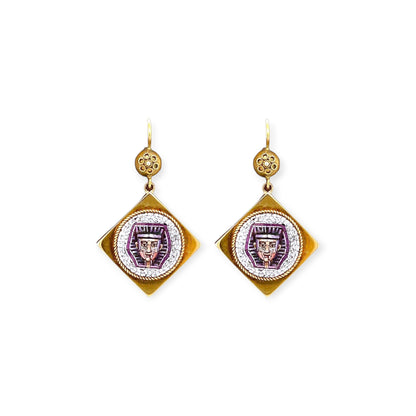 1860 Antique Gold Micromosaic Pharaoh Drops Earrings
