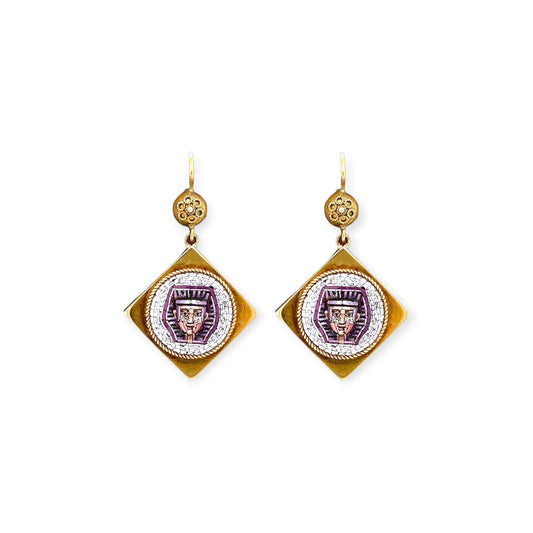 1860 Antique Gold Micromosaic Pharaoh Drops Earrings