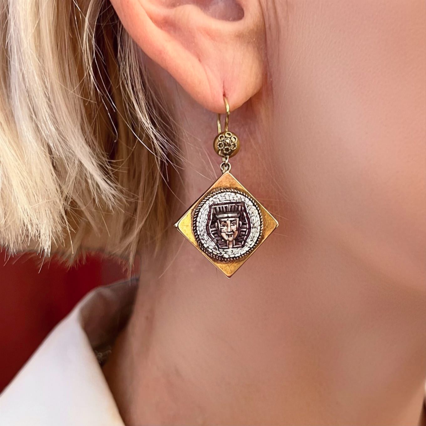 1860 Antique Gold Micromosaic Pharaoh Drops Earrings